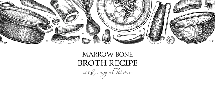 Healthy food background. Marrow bone broth banner. Hot soup on plates, pans, bowls, organ meat, vegetables, marrow bones sketches. Hand drawn vector illustrations. Homemade food ingredient
